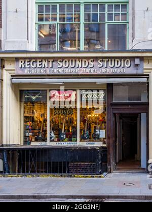 The historic Regent Sounds Studio, now a guitar  shop, in Denmark Street London, a central part of the London music scene. See notes for history. Stock Photo