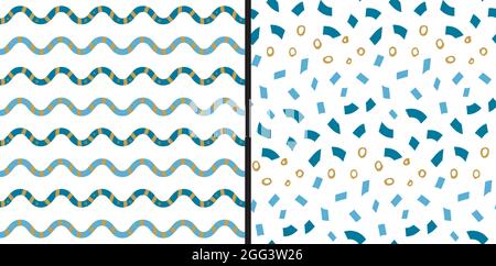 Set of two festive seamless patterns. Blue geometric zigzag ribbon line, gold yellow ink brush stroke drawn circles. White easy editable color Stock Vector