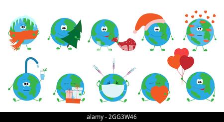Set with cute cartoon planets on an isolated background. Character in action. Vector illustration. Earth. Stock Vector