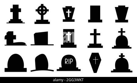 Collection of dark silhouettes of tombstones. Icons of graves ...