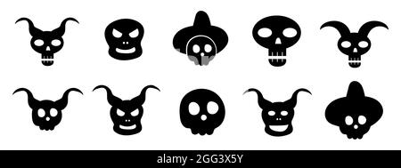 Collections of human skulls with horns and witch hat. Silhouette of a skull in a simple cartoon style. A set of items for the holiday Halloween Stock Vector