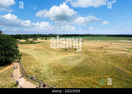 View over the burial mounds from the viewing tower, Sutton Hoo, Suffolk, East Anglia, England, UK Stock Photo