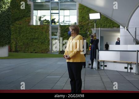 Berlin, Germany. 27th Aug, 2021. Berlin: Chancellor Angela Merkel shortly before the conference on the “G20 Compact with Africa (CwA)” in the courtyard of the Federal Chancellery. (Photo by Simone Kuhlmey/Pacific Press/Sipa USA) Credit: Sipa USA/Alamy Live News Stock Photo