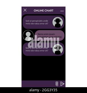 Chatbot window. Dark Night mode. User interface of application with online dialogue. Conversation with a robot assistant Stock Vector