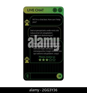 Chatbot window. Dark Night mode. User interface of application with online dialogue. Conversation with a robot assistant Stock Vector