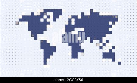World map illustration. Pixelated style. 2D rendering digital illustration. Stock Vector