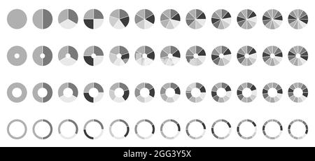 Circle pie charts. Round diagram. 2,3,4,5,6,7,8,9,10,11,12 sections or steps. Stock Vector