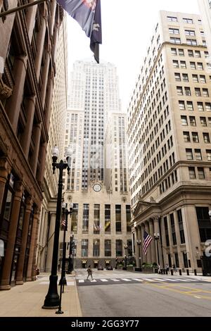 The Chicago Board of Trade Building on West Jackson Boulevard as seen from South LaSalle Street canyon, in the Loop area of Chicago, Illinois, USA. Stock Photo