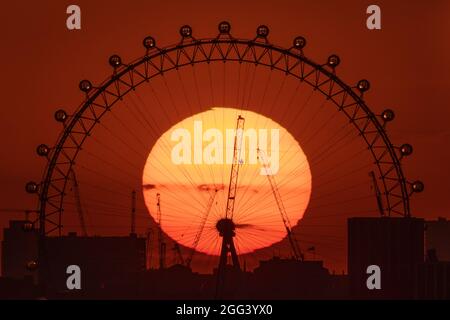 London, UK. 28th August, 2021. UK Weather: Dramatic evening sun sets behind The London Eye ferris wheel. Credit: Guy Corbishley/Alamy Live News Stock Photo