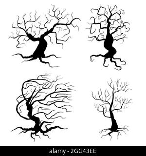 Spooky trees set vector illustration. Halloween black plants collection isolated on white background Stock Vector