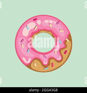 Vector illustration of cartoon colorful tasty donut isolated on milky green background with pink sugar glaze and multicolored sprinkles. Stock Vector