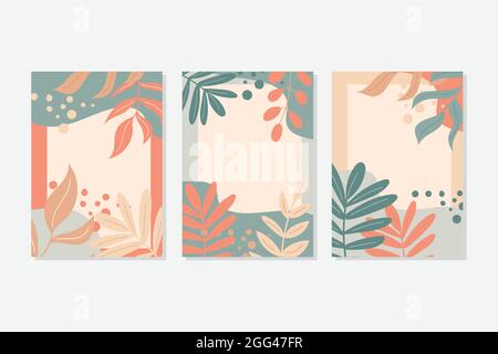 Abstract leaves art. A set of postcards in pastel colors. Autumn leaves and decor elements. Vector illustration Stock Vector