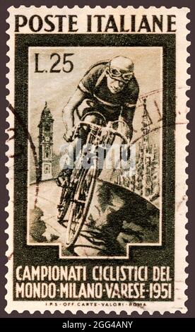 Italian Racing Bicyclist on Postage Stamp . Stock Photo