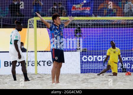 28th August 2021; Luzhniki Stadium, Moscow, Russia: FIFA World Cup Beach Football tournament; Semi final match Japan versus Senegal: Japan's Takuya Akaguma celebrates his goal during the match between Japan and Senegal Stock Photo