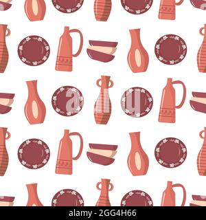 Pattern with clay vases, pitchers and plates. Vector illustration isolated on white background.  Stock Vector