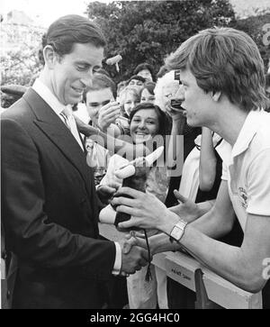 Austin Texas USA, March 1986: Prince Charles greets college students during a tour of the University of Texas campus. The prince was in Texas to help celebrate the state's 150th birthday. ©Bob Daemmrich Stock Photo