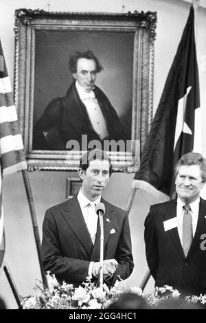 Austin Texas USA, March 1986: Prince Charles speaks on the floor of the Texas Senate chamber with Speaker of the House Gib Lewis looking on. The prince was in Texas to help celebrate the state's 150th birthday. ©Bob Daemmrich Stock Photo