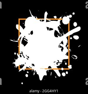 Grunge background with white splatter and golden frame. Dirty artistic design element for border frames, signs, banners, symbol, prints, web. Isolated Stock Vector
