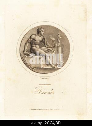 Figure of Diomedes with short sword holding the Palladium, a wooden image of Pallas. King of Argos, hero in the Trojan War. On cornelian in the Duke of Devonshire's collection. Copperplate engraving drawn and engraved by Richard Dagley from Gems, Selected from the Antique, with Illustrations, John Murray, London, 1804. Stock Photo