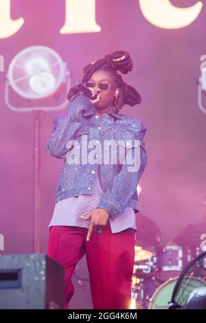 London UK 28th August, 2021. Little Simz performing live on stage at All Points East  in Victoria Park in London Credit: glamourstock/Alamy Live News Stock Photo