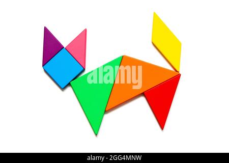 Color tangram puzzle in cat shape on white background Stock Photo