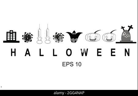 ghost pumpkin tomb graveyard cross hospital covid-19 virus syringe happy Halloween font lettering calligraphy black color decoration ornament 31 Stock Vector