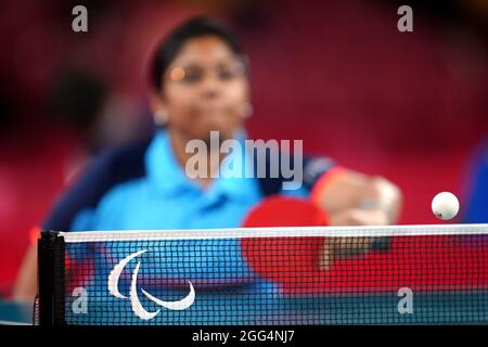 A general view of Paralympics branded table tennis net at the Tokyo Metropolitan Gymnasium during day five of the Tokyo 2020 Paralympic Games in Japan. Picture date: Sunday August 29, 2021. Stock Photo