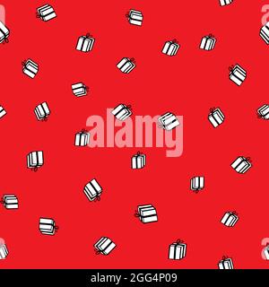 Holiday seamless pattern with present on red background. Vector illustration for Birthday, Merry Christmas, New year. Template design for invitation Stock Vector