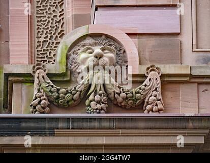 Halifax, Canada - August 23, 2019: An ornate old stone lion carving on the exterior of the Art Gallery of Nova Scotia. Stock Photo