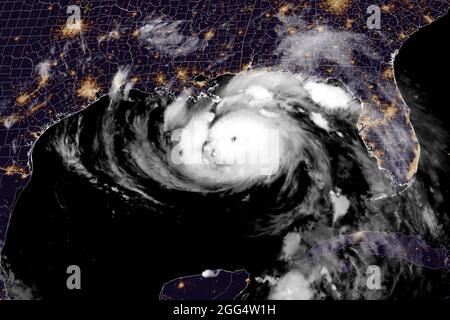 Hurricane Ida in the Gulf of Mexico approaching Louisiana just before midnight EST on Saturday, August 28, 2021. (USA) Stock Photo