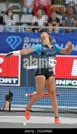 Valarie Allman (USA) places third in the women's discus with a throw of 211-7(64.51m) during the Meeting de Paris at Charlety Stadium, Saturday, Aug. Stock Photo