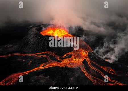 Aerial shot of the Fagradalsfjall volcano, called Geldingadalsgos. Stock Photo