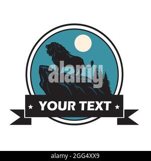 Lion Snarling on a Rock Hill Under The Moon. Vector Illustration Logo Design Stock Vector