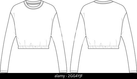 Long sleeve Under bust tops crew neckline technical fashion Sketch vector Template For ladies. Flat blouse Mock up front and  back Views. Stock Vector
