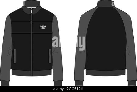 Long sleeve Fleece jacket with zipper technical fashion flat sketch vector template front and back view. Sweat Jacket mock up for men's. Stock Vector