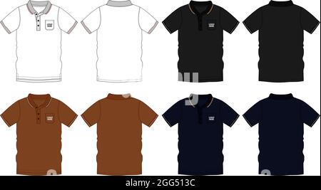 Short sleeve Polo Shirt with pocket Technical Fashion Flat Sketch vector illustration template front and back view isolated on white background. Stock Vector