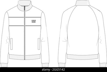 Cotton jersey fleece jacket technical fashion Flat sketch Vector illustration template. Flat apparel Sweater Jacket mock up Isolated on white back. Stock Vector