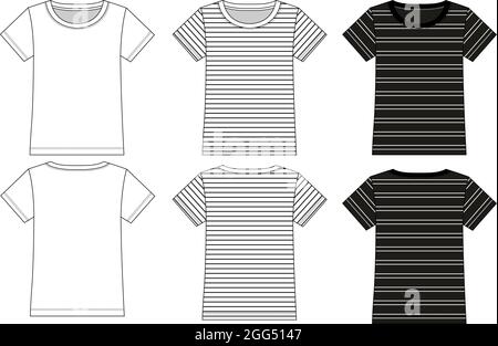 Cotton jersey regular fit basic T-shirt technical fashion Sketch vector illustration with crew neck short sleeves vertical stripe all over print. Stock Vector