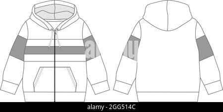 Regular fit Long Sleeve with pocket Cotton fleece hoodie technical fashion sketch vector illustration. Flat outwear jumper apparel template. Stock Vector