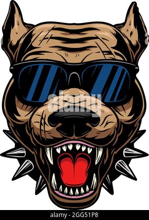 Illustration of angry pitbull head in sunglasses. Design element for logo, label, sign, emblem, poster. Vector illustration Stock Vector