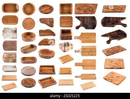 Isolated wooden cookware boards collection collage Stock Photo