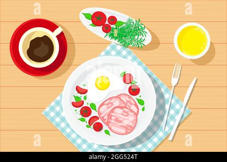 Breakfast with coffee, orange juice, fried eggs, sausage wurst, and salad basil, tomatoes. Vector illustration. Stock Vector