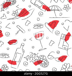 Wine themed doodle hand drawing vector illustration background pattern Stock Vector