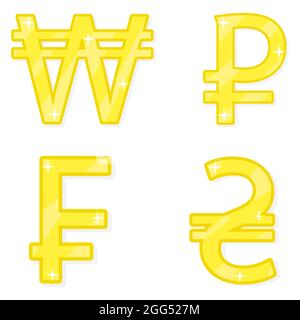 World currency set of golden symbols won, ruble, franc, hryvna vector Stock Vector