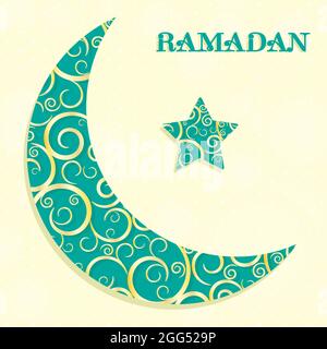 Crescent moon and star for Ramadan celebration decorated with golden ornaments, vector illustration. Stock Vector