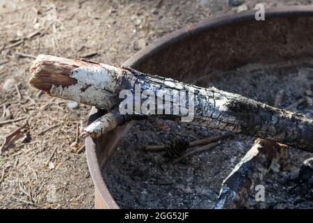 burned piece of wood sticking out of a metal firepit in a campground Stock Photo