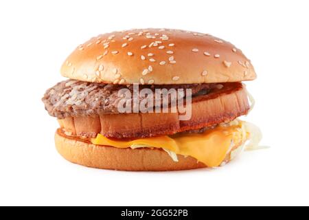 Hamburger with cheese and cutlet close up isolated on white background Stock Photo