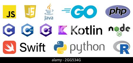 Vinnytsia, Ukraine - August 19, 2021. Popular programming languages set. Python, JavaScript, Java, C#, C, C++, Go, R, Swift, PHP, Nodejs, Kotlin. Edit Stock Vector