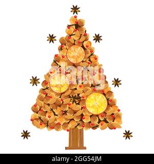 Christmas tree made of nuts, spices and dried oranges. Viewed from above. Vector illustration. Stock Vector