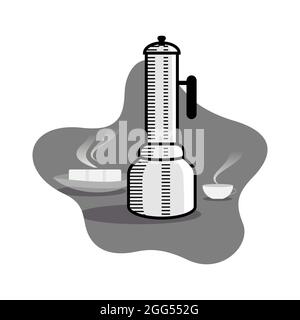 South indian Rice steam cake maker also known Kerala Puttu Kutty with puttu and cup of tea Stock Vector